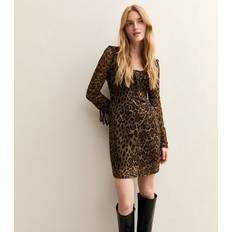 Women Dresses New Look Plus Size Leopard Print Mesh Scoop Neck Tie - Brown