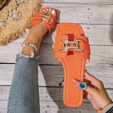 Orange - Women Slides Shein Casual Strap Slide Sandals Flat Slip-On Beach Slippers