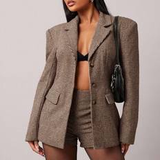 Checkered - Women Suits Retro Chic Commuter Wool Suit Set 2pcs - Brown