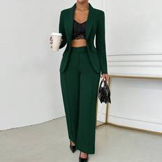 Shein Elegant Two Pieces Green Suit Set Blazer Jacket Wide Leg Pants