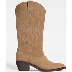 High Boots Stradivarius Split Leather Cowboy Boots - Beige