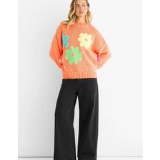 Florals - Women Jumpers Floral Crochet Chunky Knit Oversized Jumper - Orange