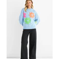 Florals - Women Jumpers Floral Crochet Chunky Knit Oversized Jumper - Blue Floral