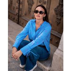 Women Shirts Blue Bow Embroidered Extreme Cuff Stripe Shirt - Blue