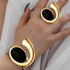 Yellow Jewellery Sets Shein Women Fashion Jewelry Set Exaggerated Geometric Open Bangle And Ring Set - Winter