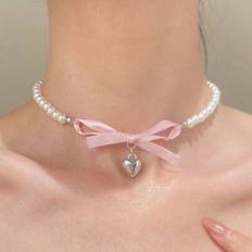 Pink Necklaces Shein French Pink Heart Bow Pearl Necklace - Unique Design