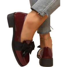 Red Loafers Shein Women Square Toe Casual Bow Decor Low Heel Slip-On Loafers - Dark Wine Red