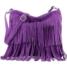 Italian Fringed Suede Crossbody Bag - Purple