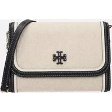 Cotton Clutches Tory Burch Fabric Clutch Bag with Removable Shoulder Strap and Logo Detailing - Beige