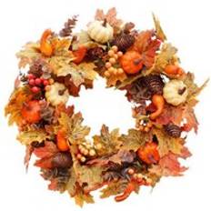 Orange Decorations Living and Home 50cm Autumn LED Wreath with Mini Pumpkins Decoration