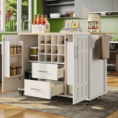 Wood Grain Kitchen Island With Wine Rack And Wheels - White