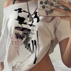 Off-Shoulder T-shirts Shein Casual Minimalist All-Over Print Off Shoulder T-Shirt
