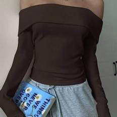 Off-Shoulder T-shirts Shein Elegant Chocolate Brown Off-Shoulder Crop T-Shirt