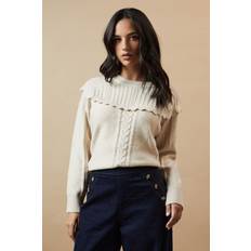 Oasis Womens Knit Crochet Trim Stone Long Sleeve Crew Neck - Beige Viscose