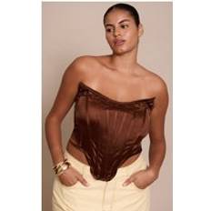 Satin Shapewear & Underplagg PrettyLittleThing Plus Chocolate Satin Boning Detail Bandeau Corset - Chocolate