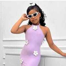 Shein Tween Girl Elegant Floral Print Halter Neck Snug Fit Vacation Dress