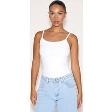 White Bodysuits PrettyLittleThing Cotton Scoop Neck Strappy Bodysuit - White
