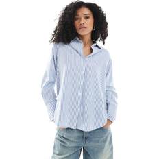 Women Shirts New Look Plus Size Blue Striped Long Sleeve Oxford Shirt - Blue