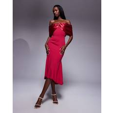 Goddiva Twist Knot Satin Scuba Bardot High Low Midi Dress - Magenta