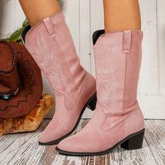 Pink - Women High Boots Shein Women's Wide Calf Western Boots Pink Embroidery - Pink
