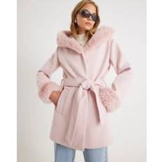 Pink Coats River Island Faux Fur Trim Hooded Coat - Pink