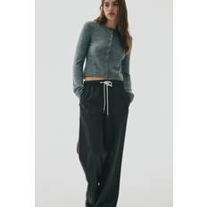 Stripes - Women Trousers H&M Ladies Pinstriped Wide Drawstring Trousers - Grey