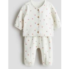 H&M 2-Delt Quiltet Jersey Sæt - Hvid/Blomstret
