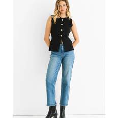 Women Vests Button Front Compact Knit Waistcoat - Black