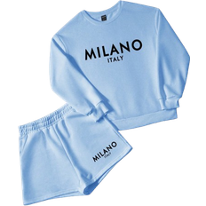 Shein Slaydiva Milano Casual Letter Print Round Neck Long Sleeve Loose Cropped Sweatshirt & Shorts 2 Pieces Set - Blue