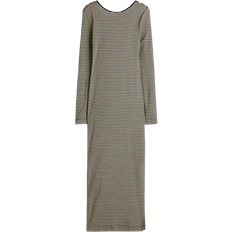 H&M Dame Ribbet Kjole Med Dyb Udringning - Sort/Beige