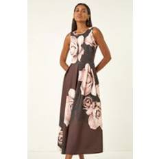 Roman Floral Print Premium Stretch Midi Dress - Chocolate