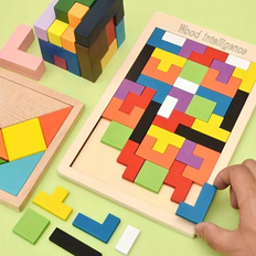 Shein Colorful 3D Wooden Blocks Puzzle Brain Teaser Montessori Educational Toy For Kids To Improve Intelligence & Creativity