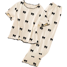Solid Colours Night Garments Shein Tween Girls Pajama Set Apricot Butterfly Pattern - Black