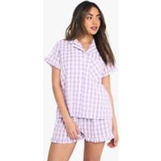 Purple - Women Sleepwear boohoo Gingham Seersucker Ruffle Detail Short Sleeve Shirt - Purple