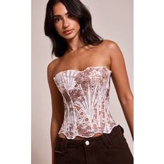 Blommiga Korsetter PrettyLittleThing Textured Sheer Floral Lace Corset - Chocolate