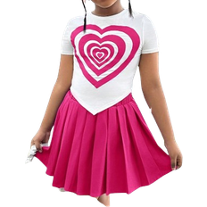 Shein Tween Girl Heart Print Short Sleeve Top And Pleated Hem Skirt - Hot Pink