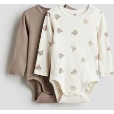 0-1M Bodysuits H&M Baby Long Sleeved Bodysuit 2-Pack - Dark Beige/Bears