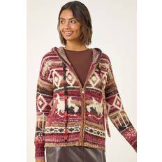 Brown - Women Cardigans Roman Jacquard Zip Hooded Cardigan - Burgundy