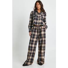 boohoo Check Print Drawstring Waist Wide Leg Trousers - Brown
