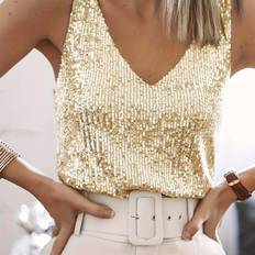 Dam - Guld Linnen Temu V Neck Tank Top Sleeveless - For Women's