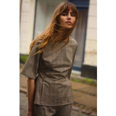 Checkered - Women Blouses H&M Ladies Checked Waisted Top - Dark Brown/Checked