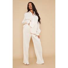 Maternity Cream Plisse High Waisted Wide Leg Pants