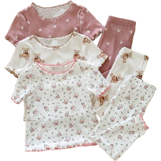 6-9M Pyjamases Children's Clothing Shein Baby Girl Cute Cartoon Bear Floral Print Ruffle Trim Round Neck Short Sleeve Pajamas Set