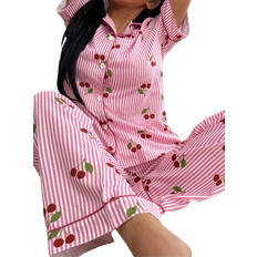 Shein Dream Adore Cherry Striped Printed Lapel Short Sleeve Pajama Set For Women - Pink