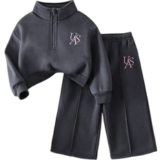 Shein Baby Girl Outfit Autumn Winter Warm Fleece Hooded Sweatshirt with Embroidered Letters & Pants Set