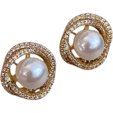 Shein 1pair Simple And Classic Retro Style Hollowed-Out Metal Inlaid Diamond & Pearl Stud Earrings For Women, Suitable For Daily Wear