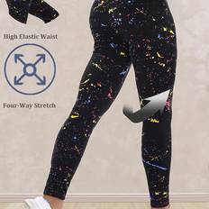Yoga Leggings Temu Plus Size Cropped Leggings Black Ink Print