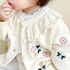 Blommiga Koftor Barnkläder Temu Girls' Knit Cardigan Floral Print Sleeves Hem Soft Stretchy - Baby Sweater