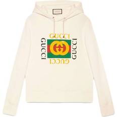 Gucci Men Jumpers Gucci Vintage Double Ring Logo Printed Hooded Drawstring Sweatshirt - White