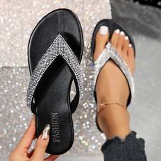 Black Flip-Flops Temu Summer Flip Flops Stylish Rhinestone Bands Sandals